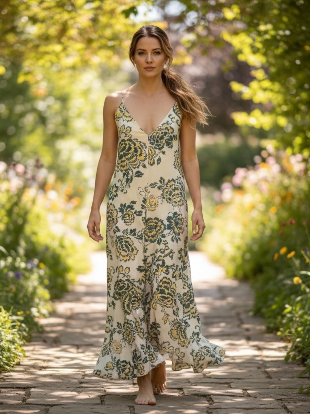 H&M Cream Flowy Boho Hi-Lo Maxi Dress with Mustard/Gray Bold Floral Print 8